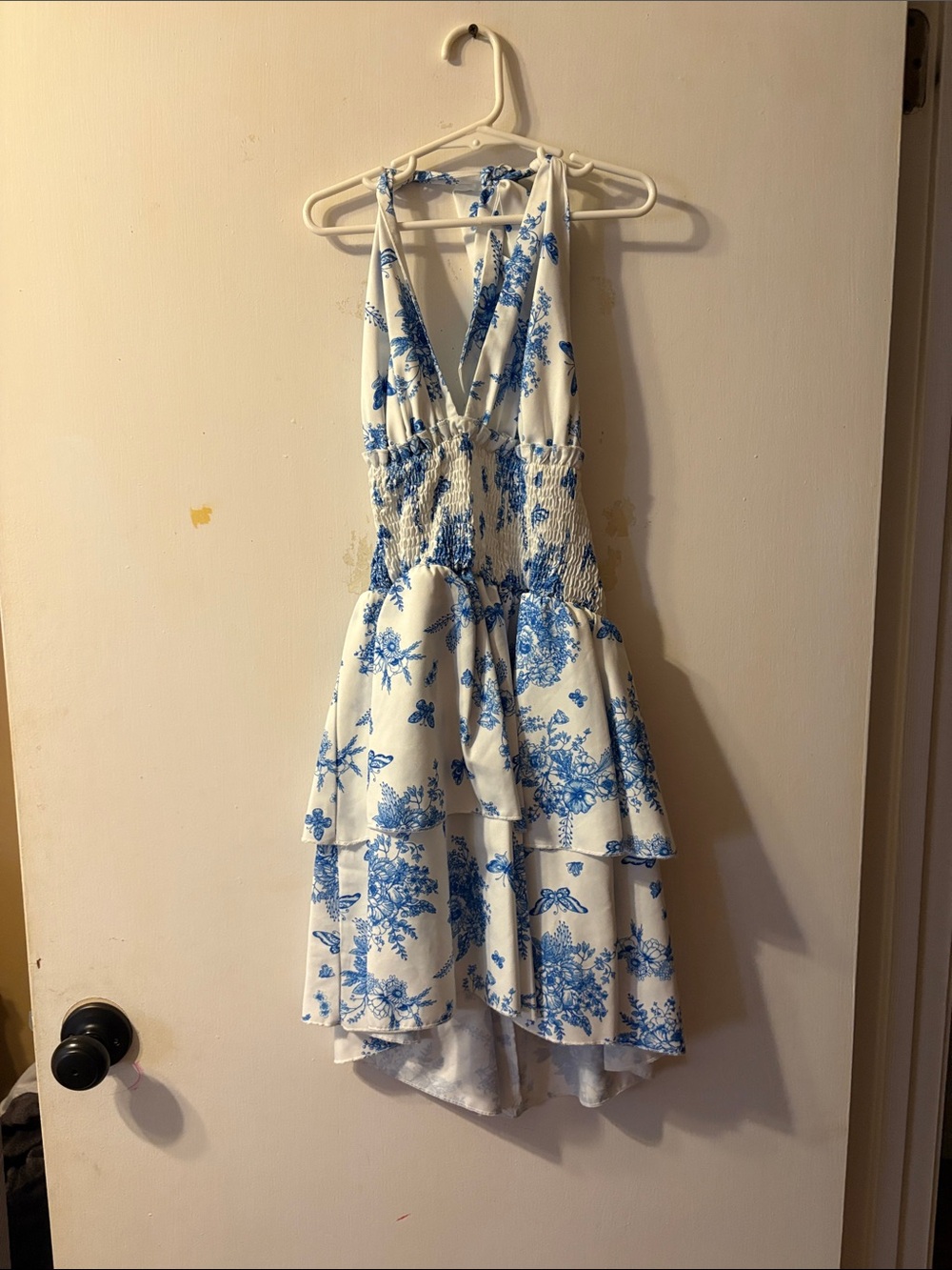 SHEIN White and Blue Floral Backless Halter Tiered Dress